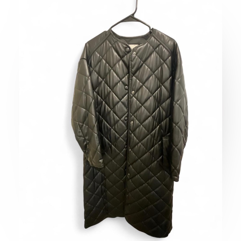 Zara Womens Coat Small Black Quilted Faux Leather Longline Oversized 42” L EUC